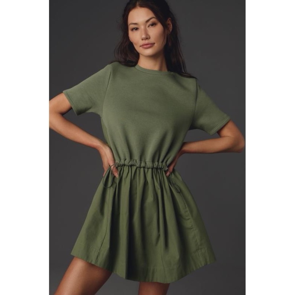 Anthropologie Pilcro Short-Sleeve Sweatshirt Twofer Mini Dress in Moss Green